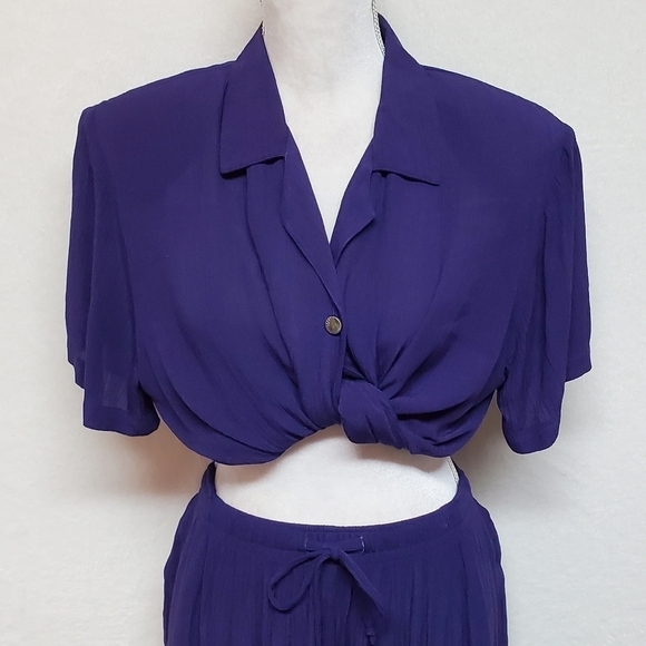 VINTAGE 90s Eggplant Purple Crinkle Material Two-Piece Jumpsuit Sag Harbor Med - Picture 3 of 16